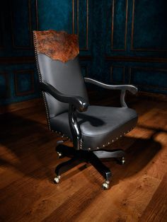 black leather office chair with cow hide Cowboy Office Decor, Cowboy Office, Western Desk Chair, Western Vanity Chair, Horse Saddle Desk Chair, Black Leather Office Chair, Leather Swivel Bar Stools, Saddle Bar Stools, Ranch Furniture