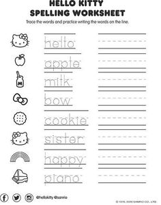 the hello kitty spelling worksheet is shown in black and white, with an image of