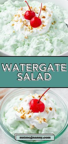 this is an image of watergate salad with whipped cream and cherries on top