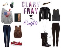 a collage of clothing and accessories with the words clary fray on it