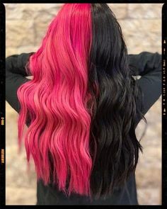 Black and Pink Hair Split Hair Color, Brown And Pink Hair, Trendy We Fryzurach, Half And Half Hair, Split Dye, Pink And Black Hair, Split Dyed Hair, Cute Hair Colors, Creative Hair