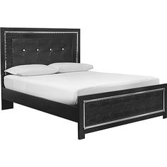 a black bed with white sheets and pillows on the headboard, in front of a white background