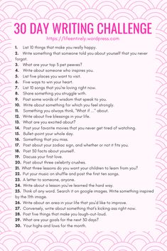 the 30 day writing challenge is shown in pink