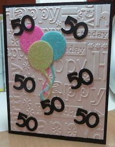 a 50th birthday card with balloons and the number fifty - five in black, white, and pink