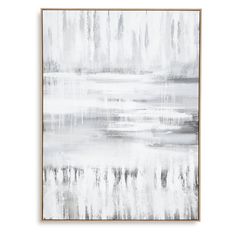 an abstract painting with white and grey paint on the canvas, framed in wood frame