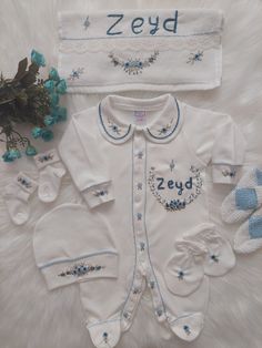 Personalized newborn baby coming home outfit  with a  name embroidered, with hand embroidery, special gift for spesial baby baby's first set This sweet monogrammed footie is perfect to bring your little one home in. Made of the softest 100% organic cotton, great for newborn photos, 1st outings, and more! Our handcrafted rococo set is the set that deserves to be remembered as the first set of our newborn children. To say about Rococo, it requires so much effort that not everyone can do it, and each needle should be treated very gently when touching the set, just as if touching the baby. The most distinctive feature of this product is that the embroideries and writing that decorate the set are completely hand-made, not machine-made. That's why it takes a little extra time to prepare orders. Customizable Cotton Sets For Baptism, White Cotton Sets With Machine Embroidery, Fitted Cotton Sets For Gifts, White Cotton Gift Sets, White Embroidered Gift Sets, Embroidered Cotton Sets For Baptism, Cotton Embroidered Sets For Baptism, Baby Coming Home Outfit, Personalized Newborn