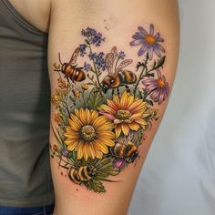 Unique Wildflower Tattoo Drafts Fall Leaves And Flowers Tattoo, Wildflower Knee Tattoo, Garden Tattoos For Women, Spring Flower Tattoo, Ribs Tattoo For Women, Rip Tattoos For Mom, Classy Tattoos For Women, Colour Tattoo For Women, Half Sleeve Tattoos Forearm