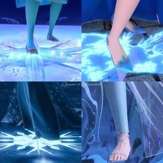 two pictures of the legs and feet of a woman in blue dress with snowflakes on