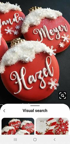 some red and white decorated cookies with snow on them that say merry haggly