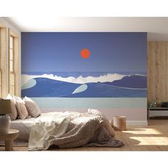 a bedroom with a large painting on the wall