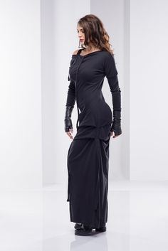 "Black Maxi Dress, Women Black Dress, Plus Size Clothing ♠ You can find the leather gloves here>> https://etsy.me/2PZOO8z ♠ Casual style with extravagant touch ideal for your provocative nature. The delicately crafted pieces from natural materials will embrace your body in a perfect fit. Dare to be Visible! ♠ Sizes The model on the picture is wearing size S. Have a look at my Size Chart below to make sure your piece will fit you best. ** PLEASE provide your height, bust, waist and hips mea Punk Style Long Sleeve Club Dress, Black Dress For Fall Cosplay, Black Fall Cosplay Dress, Edgy Long Sleeve Dress For Cosplay, Edgy Long Sleeve Cosplay Dresses, Black Dresses For Alternative Fashion In Fall, Edgy Winter Club Dresses, Black Punk Dress For Winter, Black Punk Style Winter Dress