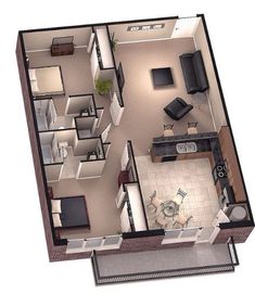 an overhead view of a two bedroom, one bath apartment with living room and kitchen