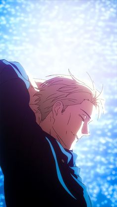 an anime character with blonde hair and blue eyes looking at something in the sky behind him