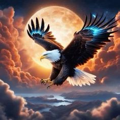 an eagle flying in the sky with clouds and a full moon behind it on a cloudy day