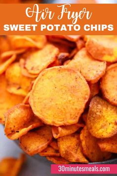 sweet potato chips in a bowl with text overlay