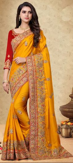 Festive, Reception, Wedding Yellow color Saree in Georgette fabric with Classic Border, Embroidered, Patch, Thread, Zari work : 1653866 Turmeric Yellow, Red Silk Blouse, Wedding Wear Saree, Wedding Sarees Online, Trendy Jewellery, Collection Ideas, Indian Sarees Online, Yellow Saree, Utsav Fashion