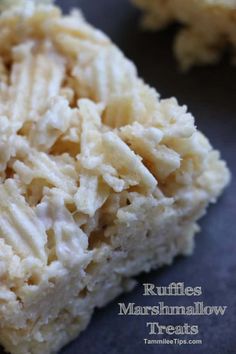 rice krispy treats are stacked on top of each other with the words ruffles marshmallow treats