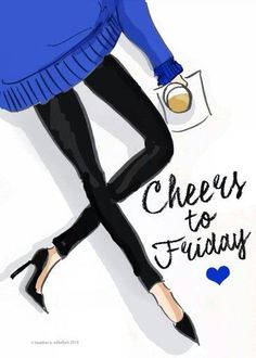 a woman in black leggings and blue sweater holding a mug with cheers to friday written on it