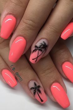 summer nail art Bright Pink Nails, Palm Tree Nails, Nails Elegant, Tropical Nails, Nails Chrome, Tree Nails, Summer Acrylic Nails, Short Acrylic Nails Designs, Short Acrylic