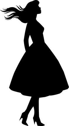 the silhouette of a woman in a dress with her hair flying through the air, on a white background