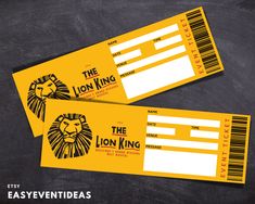 two yellow tickets with the lion king on them