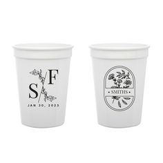 two white cups sitting side by side on top of each other with the same logo