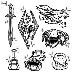 Minimalist Video Game Tattoo, Subtle Skyrim Tattoo, Flash Tattoo Outline, Skyrim Flash Tattoo, Simple Skyrim Tattoo, Tattoo Lining, Small Gaming Tattoo, Game Inspired Tattoos, Fantasy Patchwork Tattoos