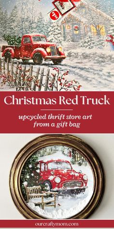 a christmas red truck is hanging on the wall