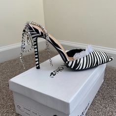 Never Worn Before, Zebra Print Heels With Rhinestone Ankle Latch. High Heel Zebra Print Party Heels, Chic Zebra Print High Heels, Zebra Print Heels, Brown Heels, Wedding Heels, Black Leather Heels, Silver Heels, Slingback Heel, Open Toe Sandals