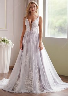 a - line v - neck tulle sweep train appliques wedding dress with lace