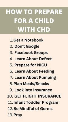 a list with the words how to prepare for a child with chd on it