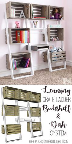 Leaning Crate Ladder Bookshelf and Desk - Her Tool Belt Desk System, Create Storage, Crate Bookshelf, Desk Diy, Ladder Bookshelf, Crate Shelves, Bookshelf Desk, Free Woodworking Plans, Bookshelves Diy