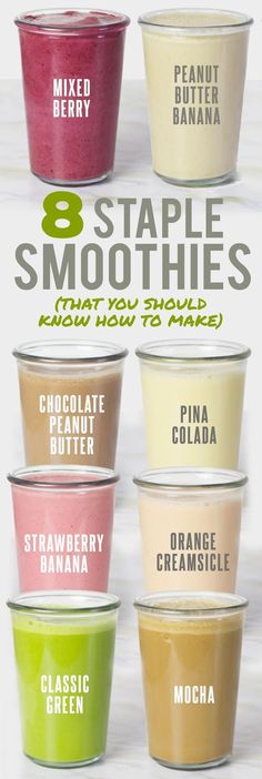 six different types of smoothie cups with the words 8 simple smoothies on them