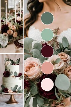 the wedding cake is decorated with flowers and greenery, while the bride holds her bouquet