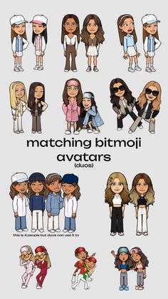 some people are standing together in different poses and colors, with the words matching bitmoji avatars below them