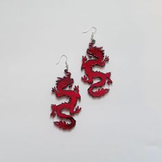 Mirror Red and Black Acrylic DRAGON Earrings With Silver | Etsy Themed Red Earrings, Dark Kawaii, Dragon Earrings, Laser Cut Jewelry, Earrings Acrylic, Alternative Jewelry, Acrylic Jewelry, Plastic Earrings, Dragon Jewelry