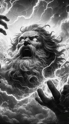 a man with long hair and beard holding his hands up to the sky while lightning strikes behind him