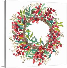 a watercolor painting of a wreath with red berries and green leaves on white background