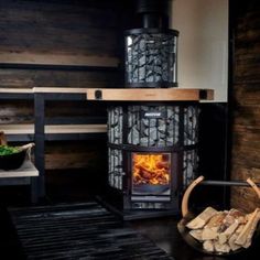 a wood burning stove sitting inside of a room