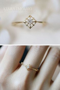 two different views of an engagement ring with diamonds on the side and in between them