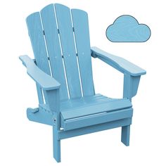 a blue plastic lawn chair with a white cloud in the sky above it and an image of a wooden beach chair