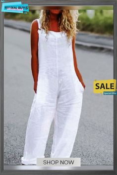 Plain Summer Casual Natural Standard Loose Overall Straight Pants Jumpsuit & Romper for Women Work Outfits Frauen, Romper For Women, White Closet, Pants Jumpsuit, Skirt Suit Set, Cotton Jumpsuit, Linen Jumpsuit, White Jumpsuit, Casual Jumpsuit