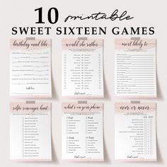 ten printable sweet sixteen games with pink and white background