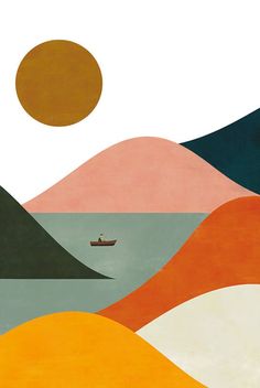 an abstract landscape with a boat in the water and mountains behind it, as well as a large orange sun