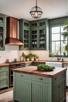 a kitchen with green cabinets and an island in front of the stove top, surrounded by potted plants