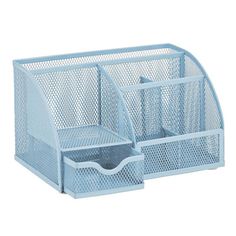 two blue mesh desk organizers with drawers