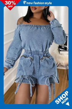 knowfashionstyle Casual Solid Patchwork Off the Shoulder Long Sleeve Regular Denim Romper Long Sleeve Denim Jumpsuit, Long Sleeve Playsuit, Suits Clothing, Designer Jumpsuits, Off The Shoulder Long Sleeve, Denim Pocket, Romper Outfit, Denim Romper, Urban Dresses