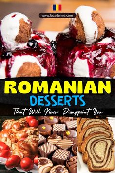 Discover a delicious array of Romanian desserts featuring traditional and modern flavors, such as papanasi, cozonac, clatite, sweet cheese pie, and chocolate salami. Romanian Cake Recipes, Romanian Dessert Recipes, Romanian Snacks, Romanian Cookies, Romanian Cuisine, Cultural Recipes, Romania Food, Chocolate Salami, Coconut Squares