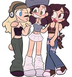 three cartoon girls standing next to each other with one pointing at her ear and the other holding