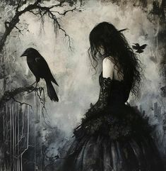 a painting of a woman in a black dress with a crow perched on her shoulder